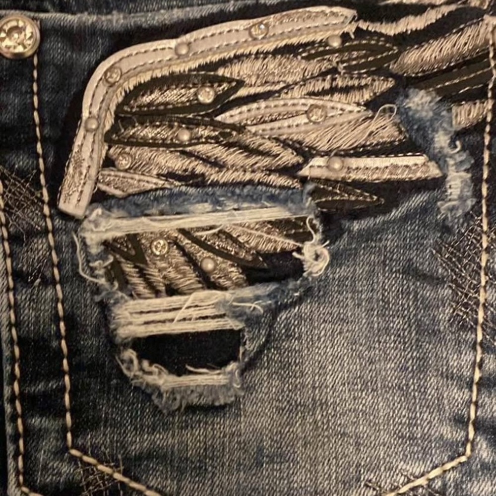 Miss Me Women's Boot Cut Jeans - Blue with Silver Embellishments